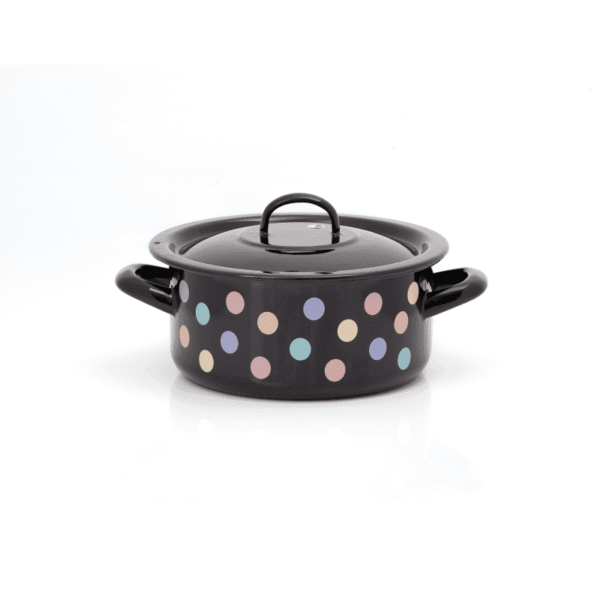 Niski garnek emaliowany 20 cm 2,8 l z pokrywką, czarny, Pastel Dots