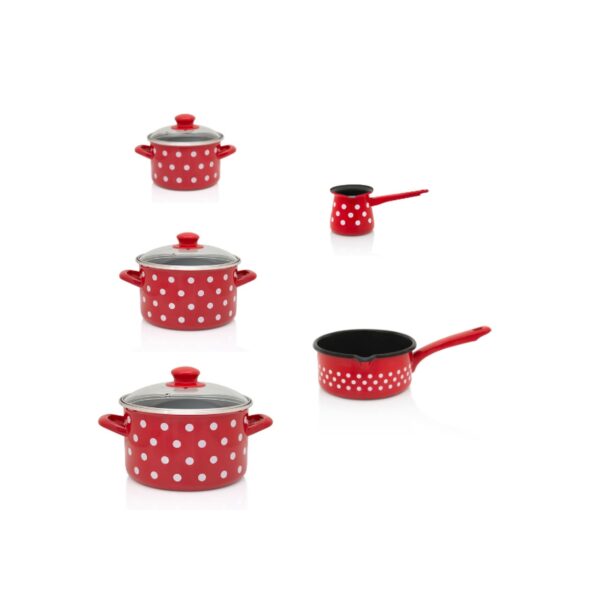 Zestaw naczyń emaliowanych Dots on red - 1.5 l + 3 l + 5 l + rondel 1.6 l + tygielek 0.7 l