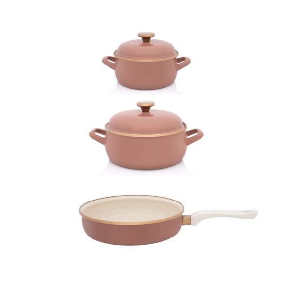 Zestaw 2 niskich garnków emaliowanych i patelni Mokka - 2,4 l + 3,8 l + patelnia 24 cm