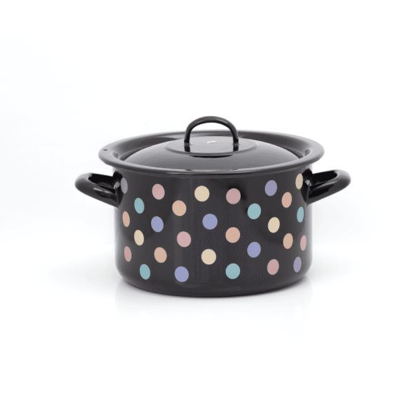 Garnek emaliowany 22 cm 5 l z pokrywką, czarny, Pastel Dots
