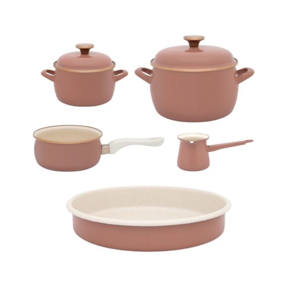 Zestaw naczyń emaliowanych - 2,2 l + 4,2 l + rondel 1,5 l + tygielek 0,4 l + forma 28 cm