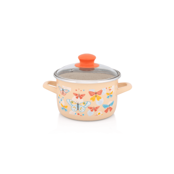Garnek emaliowany 16 cm 2.0L ze szklaną pokrywką, brzoskwiniowy, Butterfly