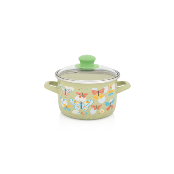 Garnek emaliowany 16 cm 2.0L ze szklaną pokrywką, zielony, Butterfly