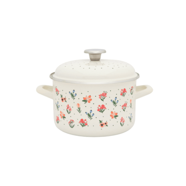 Garnek emaliowany z emaliowaną pokrywką 20 cm, 4 l, jasnokremowy, kolekcja Flowers
