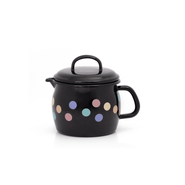 Klasyczny wypukły kubek emaliowany z dzióbkiem 12 cm 1,3 l, czarny, Pastel Dots
