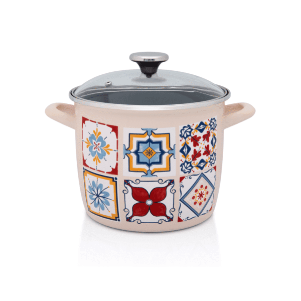 Wysoki garnek emaliowany ze szklaną pokrywką, 20 cm 5.1L, kremowy, Porto