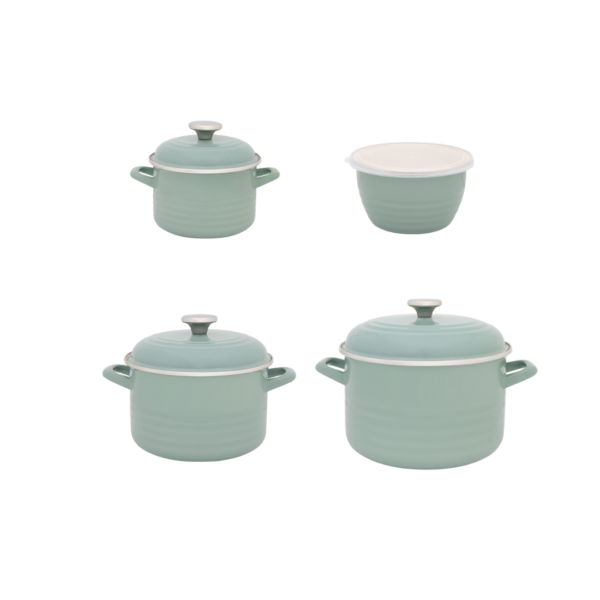 Zestaw 4 naczyń emaliowanych Waves jasnozielonych - 2 l + 4 l + 6,75 l + pojemnik 1,7 l