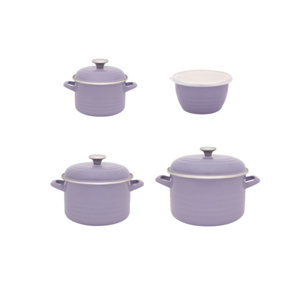 Zestaw 4 naczyń emaliowanych Waves jasnofioletowych - 2 l + 4 l + 6,75 l + pojemnik 1,7 l