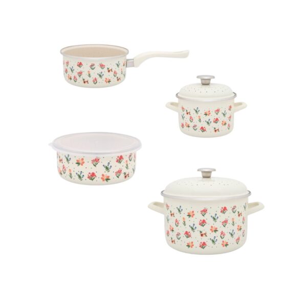 Zestaw 4 naczyń emaliowanych Flowers - garnki 2l + 6,75 l, rondel 2 l i pojemnik 1,3 l