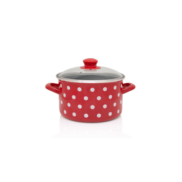 Garnek emaliowany ze szklaną pokrywką, 18 cm 3.0l, czerwony, Dots on red