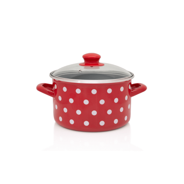 Garnek emaliowany ze szklaną pokrywką, 20 cm 4.0l, czerwony, Dots on red