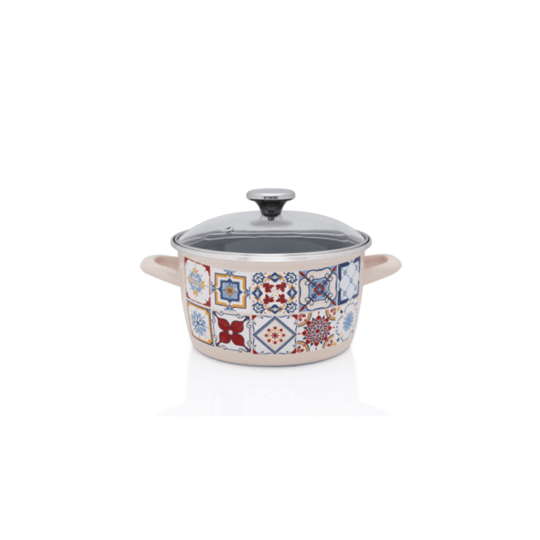 Garnek emaliowany ze szklana pokrywką, 16 cm 1.9L, kremowy, Porto