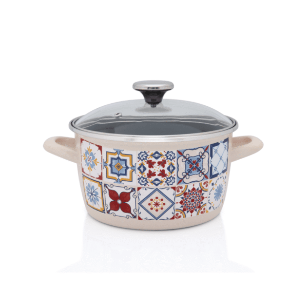 Garnek emaliowany ze szklana pokrywką, 24 cm 6.0L, kremowy, Porto