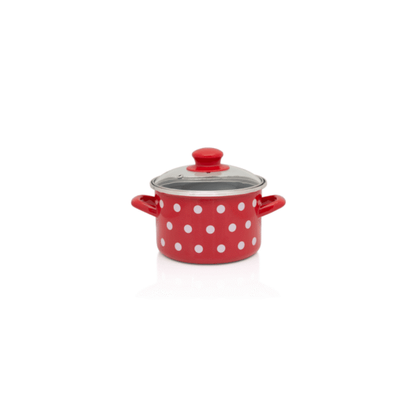 Garnek emaliowany ze szklaną pokrywką, 14 cm 1.5l, czerwony, Dots on red