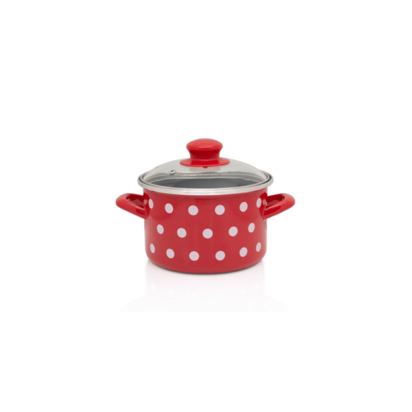 Garnek emaliowany ze szklaną pokrywką, 16 cm 2.0l, czerwony, Dots on red