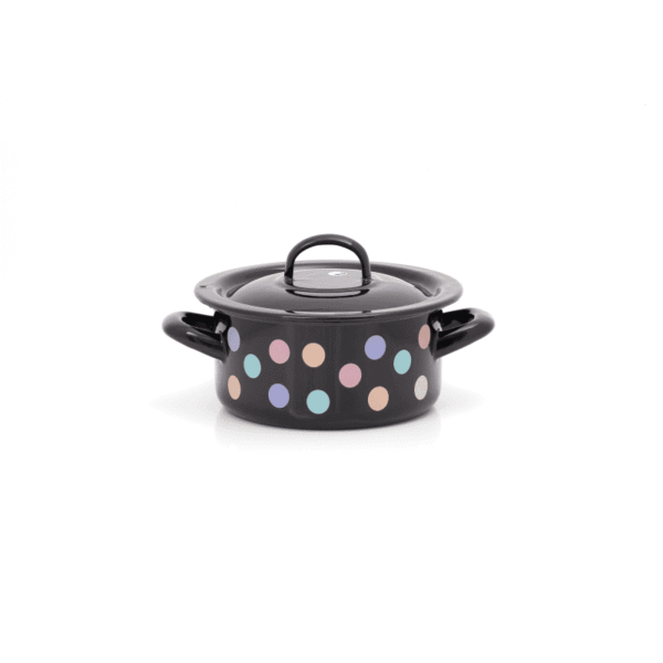Niski garnek emaliowany 16 cm 1,5 l z pokrywką, czarny, Pastel Dots