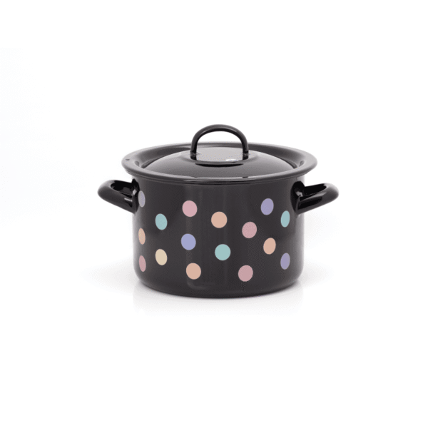 Garnek emaliowany 18 cm 3 l z pokrywką, czarny, Pastel Dots