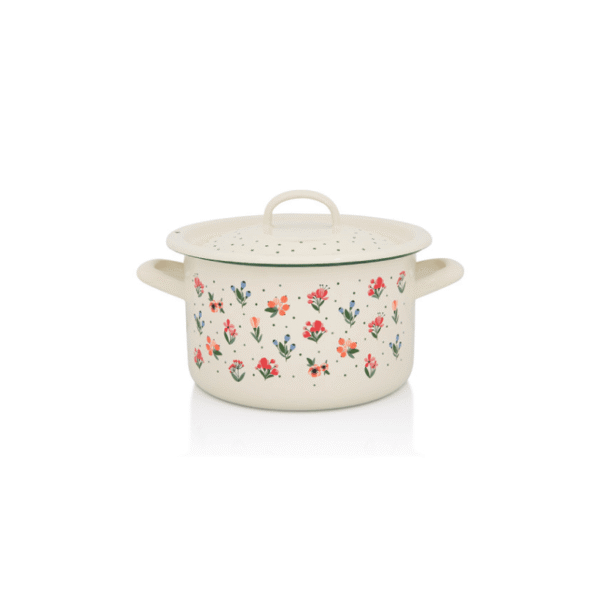 Klasyczny garnek emaliowany z emaliowaną pokrywką 18 cm, 3 l, jasnokremowy, kolekcja Flowers