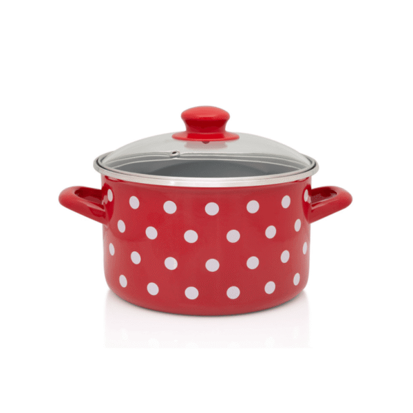 Garnek emaliowany ze szklaną pokrywką, 22 cm 5.0l, czerwony, Dots on red