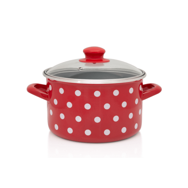 Garnek emaliowany ze szklaną pokrywką 24 cm 6.75 l, czerwony, kolekcja Dots on red