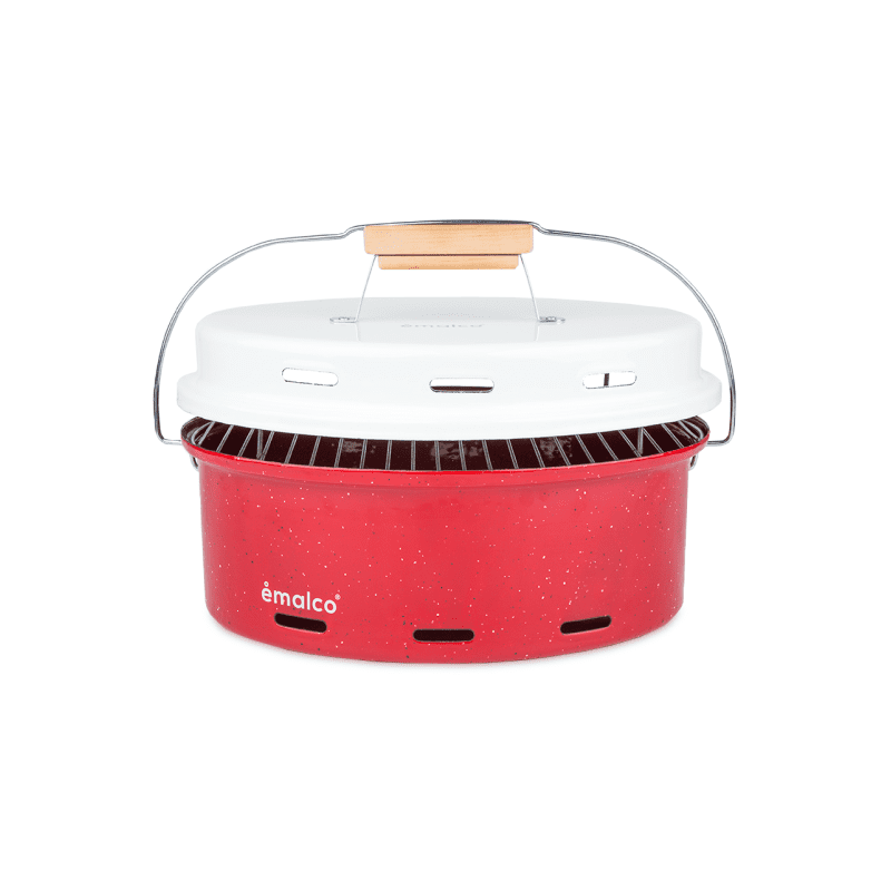 barbecue-red.png Grill emaliowany przenośny z pokrywką i rusztem - czerwony nakrapiany - obrazek 1