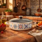 Okrągłe naczynie do duszenia ze szklaną pokrywką 24 cm średnicy, kremowa, Porto